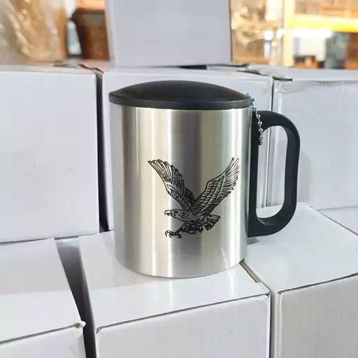 لیوان استیلی دوجداره درب دار طرح عقاب